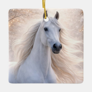 Ornamento De Cerâmica Cavalo Branco Bonito na Neve com Luzes de Natal