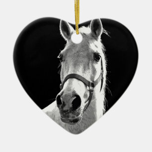 Ornamento De Cerâmica Cavalo Branco Negro Fechado na Noite
