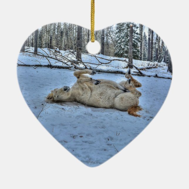 Ornamento De Cerâmica Cavalo Branco Rolando na neve do inverno (Verso)