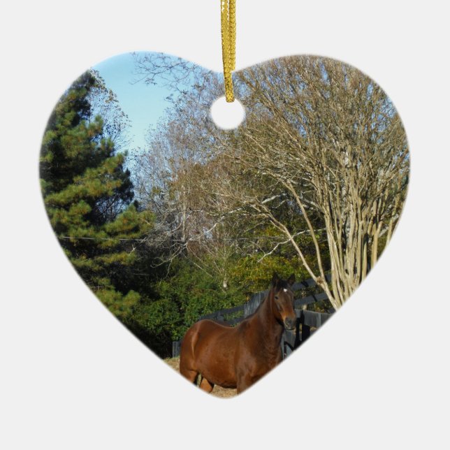 Ornamento De Cerâmica Cavalo castanho contra cerca (Frente)