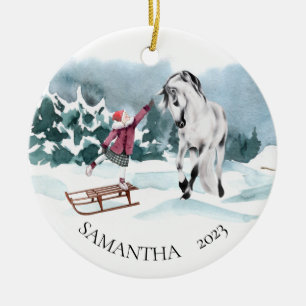 Ornamento De Cerâmica Cavalo de Aquarela Inverno Neve Com Menina