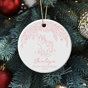 Ornamento De Cerâmica Cavalo de balanço caprichoso rosa Primeiro Natal d