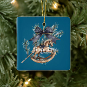 Ornamento De Cerâmica Cavalo de Balanço de Natal Laço Azul