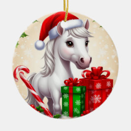 Ornamento De Cerâmica Cavalo de Cartoon Festivo em Santa Hat com present