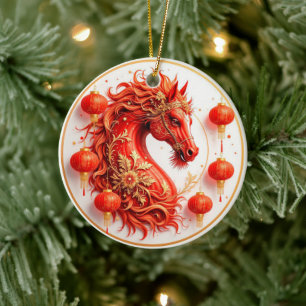 Ornamento De Cerâmica Cavalo de Fogo Vermelho - Design de Celebração do