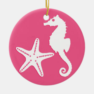 Ornamento De Cerâmica Cavalo de mar e estrelas-do-mar - cor-de-rosa-cora