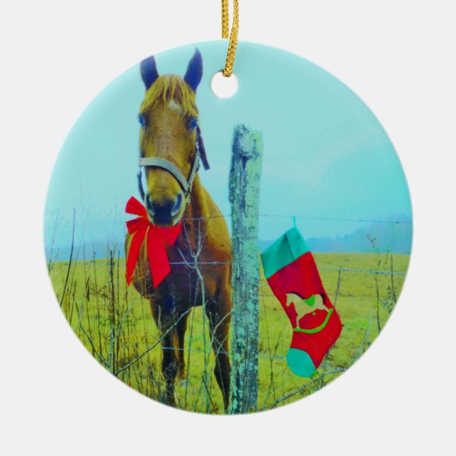 Ornamento De Cerâmica Cavalo de Natal Castanho (Frente)