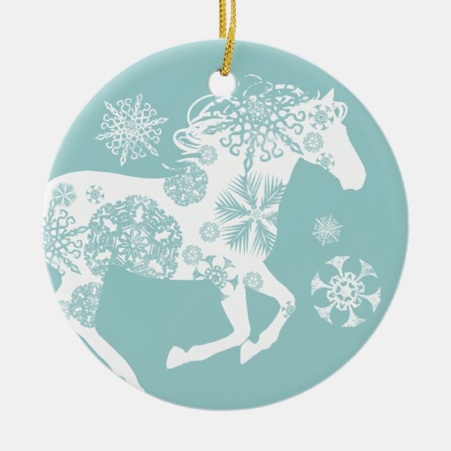 Ornamento De Cerâmica Cavalo de Natal de Floco de Neve Azul e Branco (Frente)