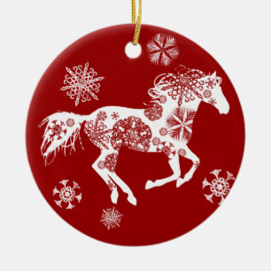 Ornamento De Cerâmica Cavalo de Natal de Floco de Neve Vermelho e Branco