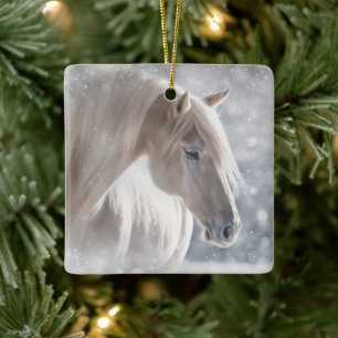 Ornamento De Cerâmica Cavalo de Natal em Mancha Branca Longa de Neve