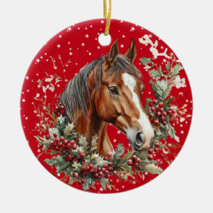 ORNAMENTO DE CERÂMICA CAVALO DE NATAL MARROM E BRANCO LINDO