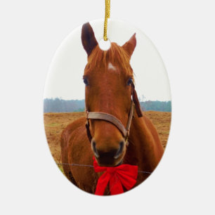 Ornamento De Cerâmica Cavalo de Natal Marrom e Laço Vermelho
