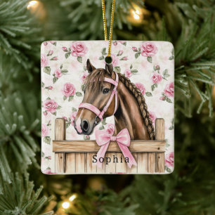Ornamento De Cerâmica Cavalo de Natal Rosas Rosa Bonito