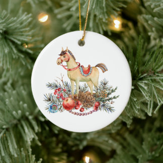 Ornamento De Cerâmica Cavalo de Natal Vintage, Frutas Vermelhas, Decoraç