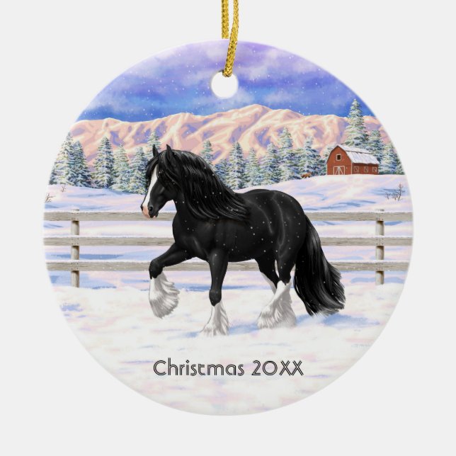 Ornamento De Cerâmica Cavalo de Rascunho do Vanner Cigano Negro e Branco (Frente)