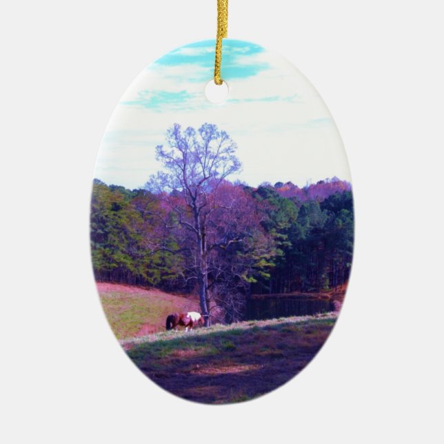 Ornamento De Cerâmica Cavalo distante em um campo roxo (Frente)