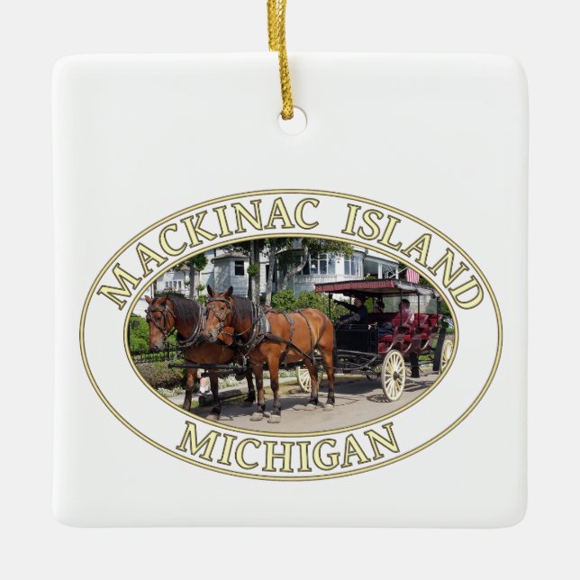 Ornamento De Cerâmica Cavalo e Carruagem na Ilha Mackinac, Michigan (Frente)