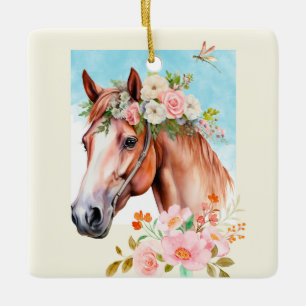 Ornamento De Cerâmica Cavalo e flores de aquarela dupla