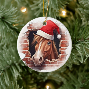 Ornamento De Cerâmica Cavalo em Santa Hat - 3D