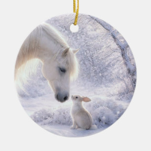 Ornamento De Cerâmica Cavalo Fofo e Coelho de Natal na Neve