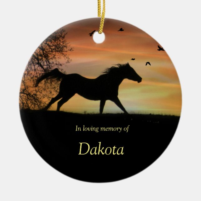 Ornamento De Cerâmica Cavalo Galopando com Birds Memorial Nome Personali (Frente)