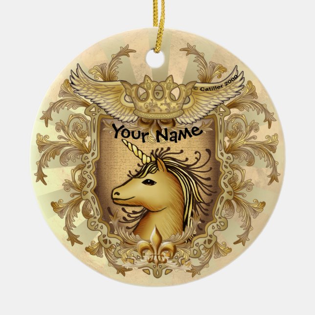 Ornamento De Cerâmica Cavalo Mágico Unicórnio com Escudo (Frente)