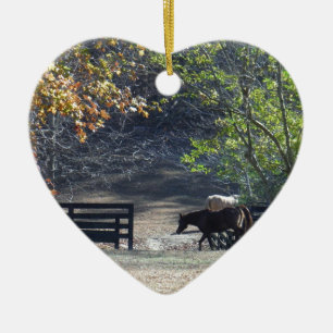 Ornamento De Cerâmica Cavalo Marrom andando pela cerca