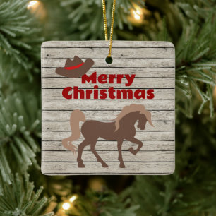 Ornamento De Cerâmica Cavalo Marrom Personalizado e Vaqueiro no Natal