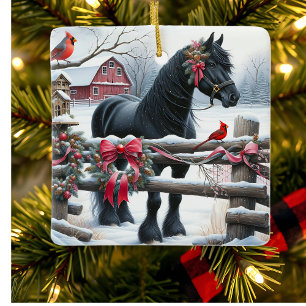 Ornamento De Cerâmica Cavalo Negro Festivo e Natal Cardeal