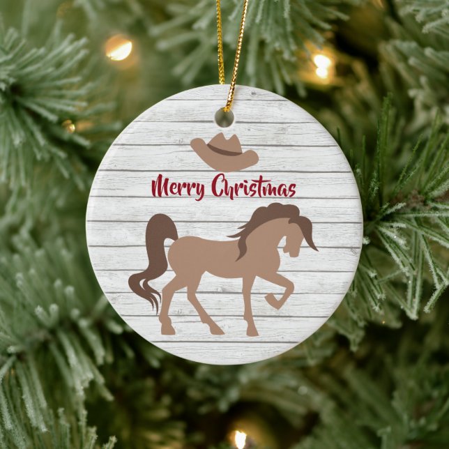 Ornamento De Cerâmica Cavalo Personalizado e Vaqueiro Feliz Natal (Árvore)