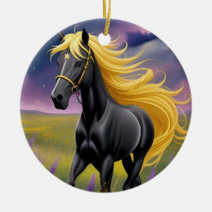 Ornamento De Cerâmica Cavalo Preto Majestoso com Crina Dourada Fluindo
