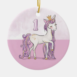 Ornamento De Cerâmica Cavalo Rosa De primeiro aniversario De Nome Person
