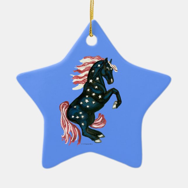 Ornamento De Cerâmica Cavalo selvagem star spangled do mustang - (Frente)
