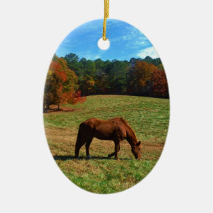 Ornamento De Cerâmica Cavalo vermelho castanho, árvores de queda, céus a