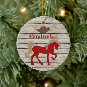 Ornamento De Cerâmica Cavalo Vermelho Personalizado e Vaqueiro no Natal