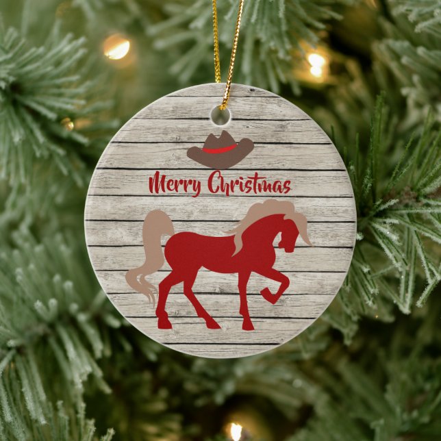 Ornamento De Cerâmica Cavalo Vermelho Personalizado e Vaqueiro no Natal (Árvore)