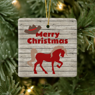 Ornamento De Cerâmica Cavalo Vermelho Personalizado e Vaqueiro no Natal