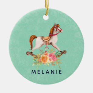 Ornamento De Cerâmica Cavalo Vintage Rocking com Buquê Floral Novo Bebê
