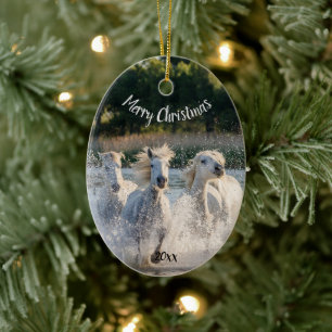 Ornamento De Cerâmica Cavalos Brancos de Natal Personalizados em Execuçã