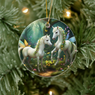Ornamento De Cerâmica Cavalos De Fantasia Branca No Jardim Mágico,