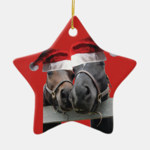 Ornamento De Cerâmica Cavalos do Natal que vestem chapéus de Papai Noel