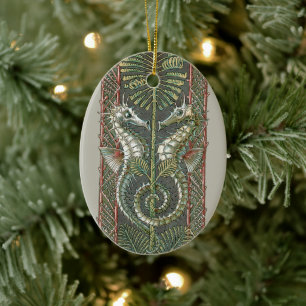 Ornamento De Cerâmica Cavalos-marinhos e algas marinhas, Vintage Art Nou