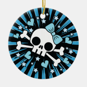 Ornamento De Cerâmica Caveira e Ossos Cruzados Fofos - Azul