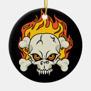 Ornamento De Cerâmica Caveira Flamejante e Ossos Cruzados