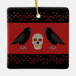 Ornamento De Cerâmica Caveira Gótica e o Guardião Ravens Halloween