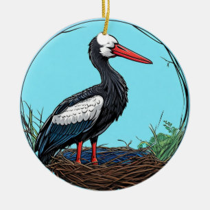 Ornamento De Cerâmica Cegonha preta e branca em pé no ninho