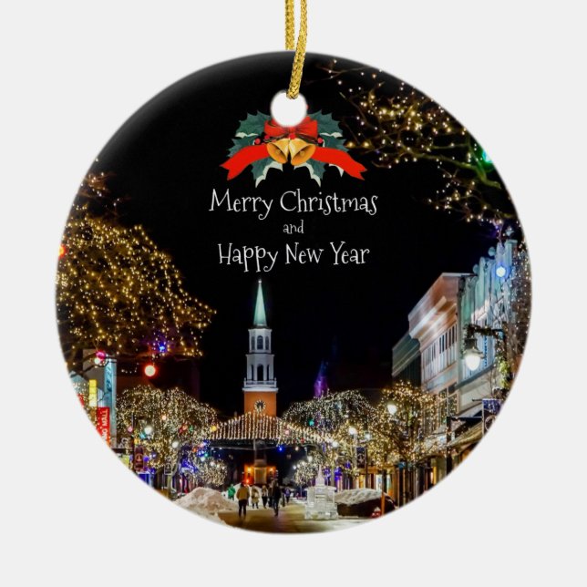 Ornamento De Cerâmica Celebração de Natal, brilho e escuta (Frente)