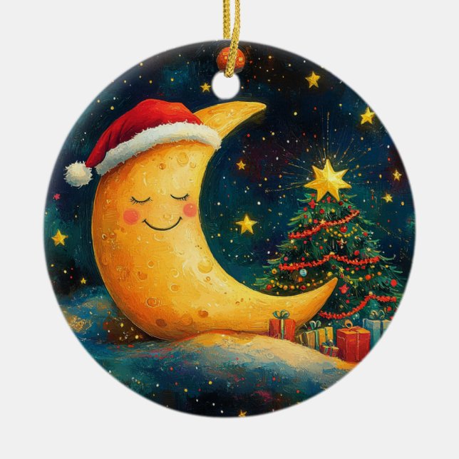 Ornamento De Cerâmica Celebração Divertida da Lua Galáctica no Natal (Frente)