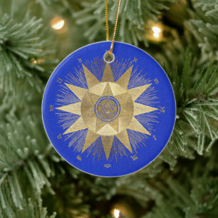 Ornamento De Cerâmica Celebrações do Sol Dourado Azul Celestial