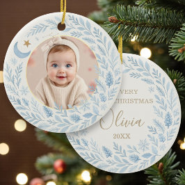 Ornamento De Cerâmica Celestial Baby First Cute Blue Christmas Photo